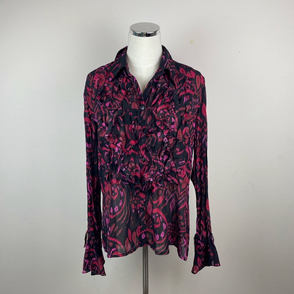 Elementz Black Red Pink Retro Funky Boho Long Bell Sleeve Collared Button Top